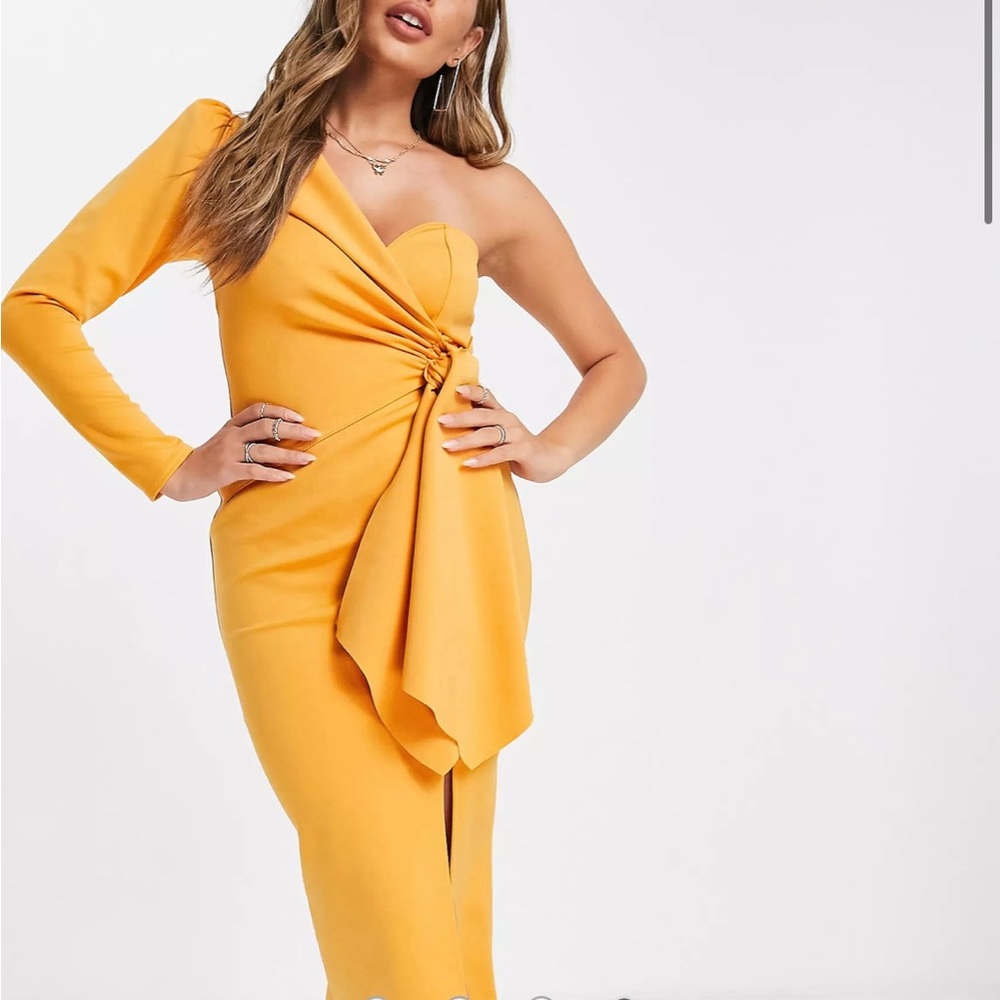 Long Sleeve One Shoulder Tie Front Midi Dress in Butterscotch